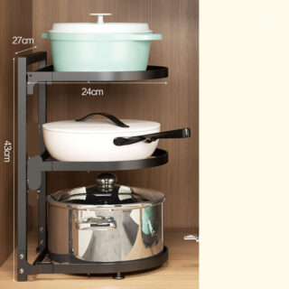 étagère mural pour cuisine avec des casseroles poser dessus ainsi que les dimension sont afficher dessus