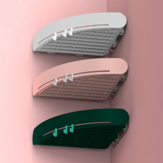 3 étagères d'angle blanche, rose et verte de rangement pour salle d’eau