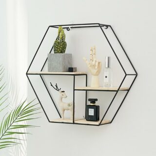 Etagère suspendue octogonale en fer et bois