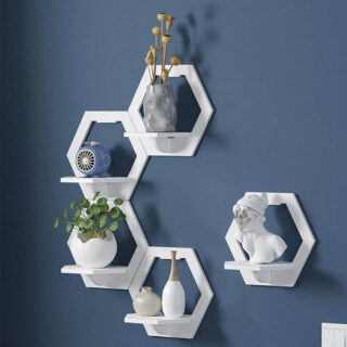 Petite étagère murale suspendue de forme hexagonale blanche