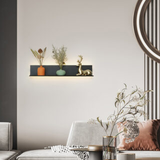 Une étagère en métal noir sur un mur blanc dans un salon moderne. Elle est éclairée par une bande LED et sur l'étagère sont posées des plantes et des petites statuettes.