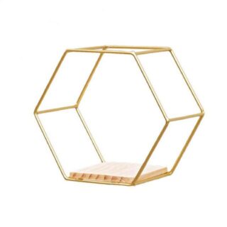 étagère en bois carré avec structure hexagonale doré