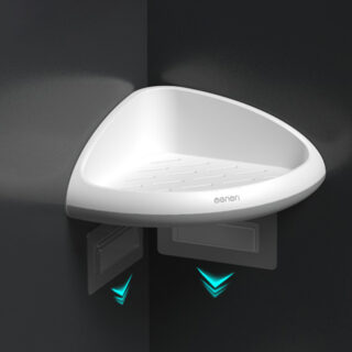 On voit une étagère blanche et grise, d'angle, sur fond noir. Elle semble être en plastique.