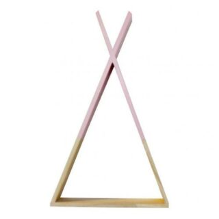 Une étagère en forme de tipi creux en bois avec le haut rose et le bas en bois naturel sur un fond blanc.