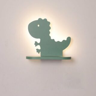 Une étagère murale LED en forme de dinosaure vert sur un mur blanc.