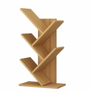 Étagère couleur bois en forme d'arbre sur fond blanc.