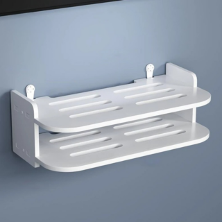 Étagère murale TV à deux étages pour appareil électronique installée sur un mur gris