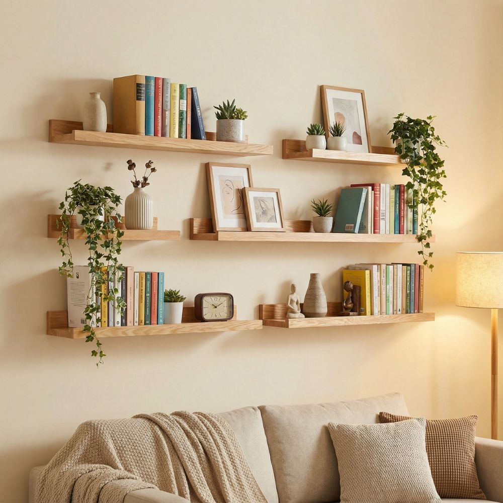 IMG_01_2026_Étagère_murale_bois_naturel3 Étagère murale en bois naturel sur un mur beige, au dessus d'un canapé beige. Les étagères sont remplies de livres et de petite décoration.