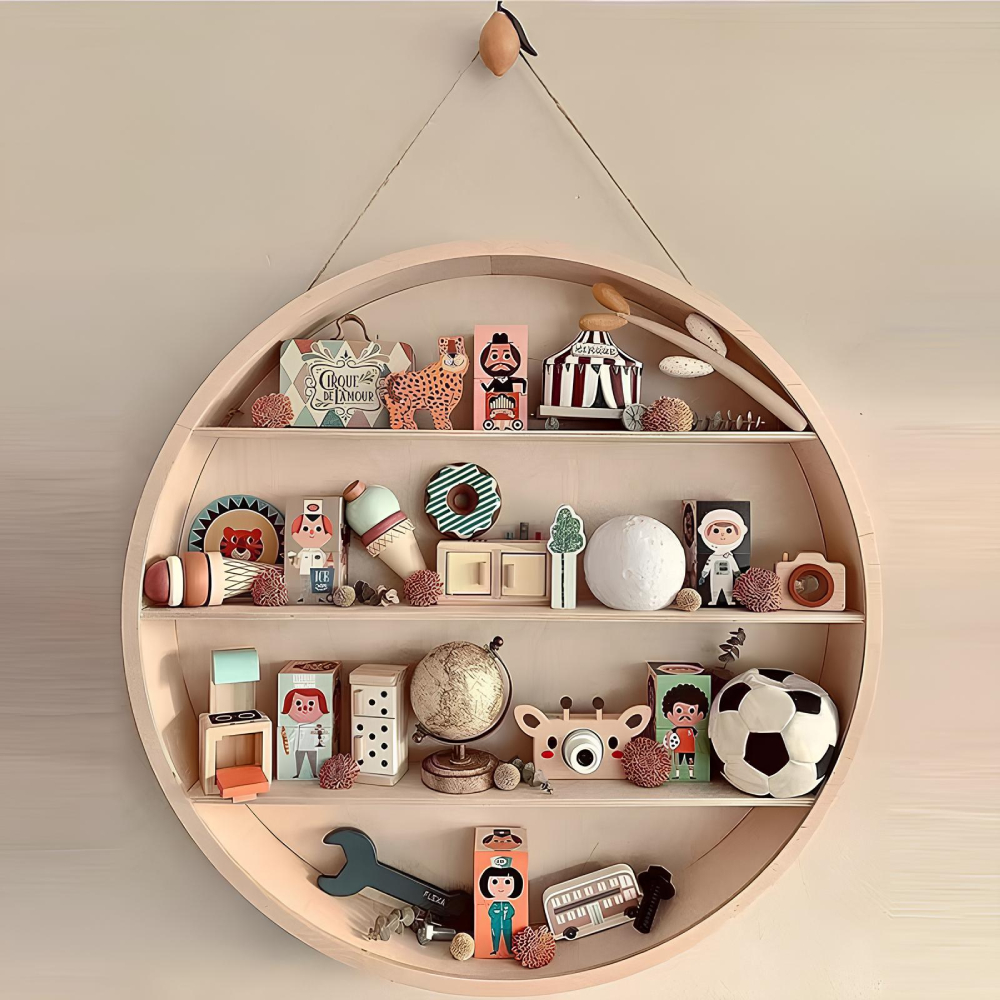 Étagère murale ronde en bois avec 3 niveaux de rangement où se trouvent des jouets en bois colorés, de petites tailles pour enfants. L'étagère est suspendue sur un mur beige avec une cordelette.